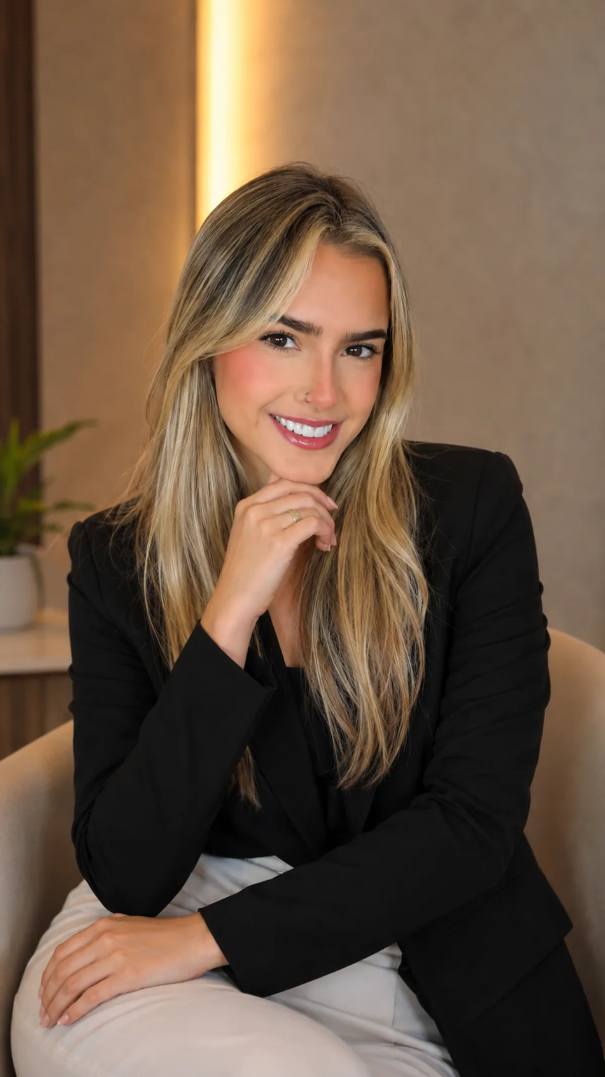 Sara Evangelista, psicóloga, sentada em uma poltrona em ambiente acolhedor